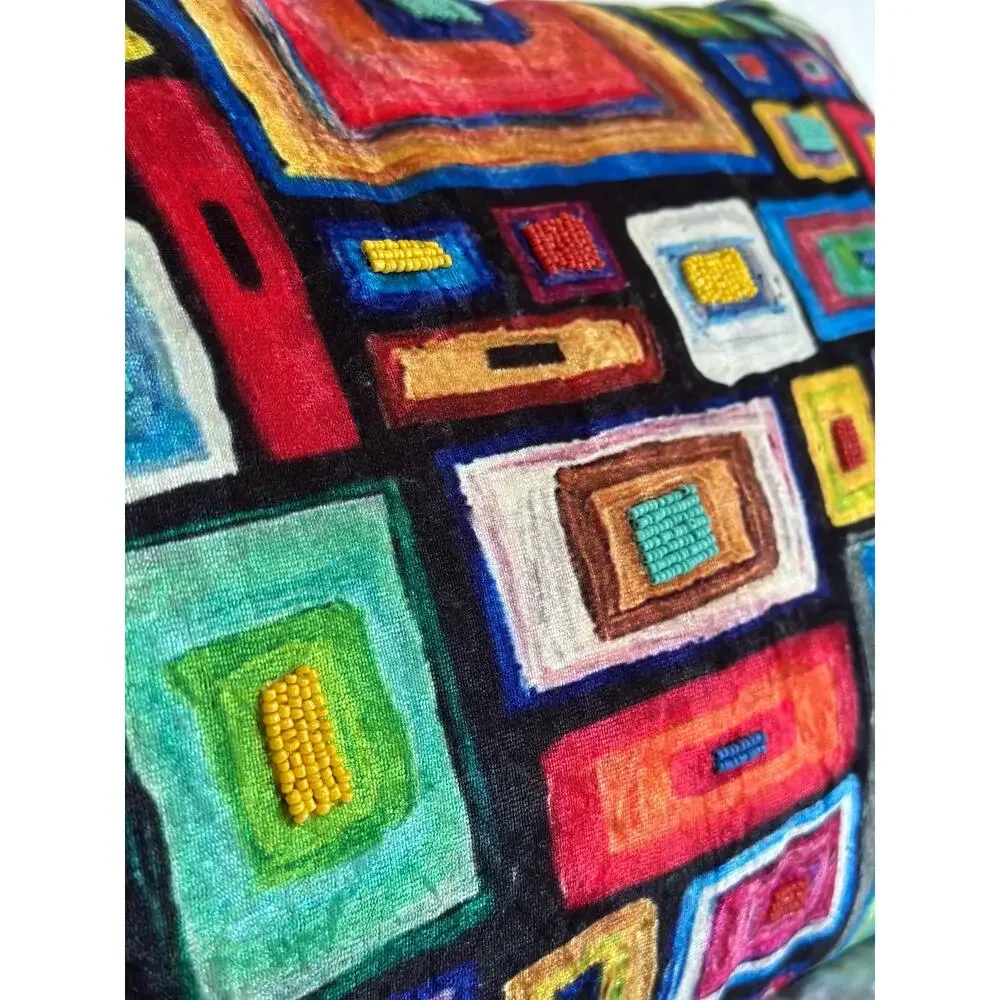 Abstract Geometric Color Block Velvet Lumbar Pillow 14x24 Beaded Maximalist EUC